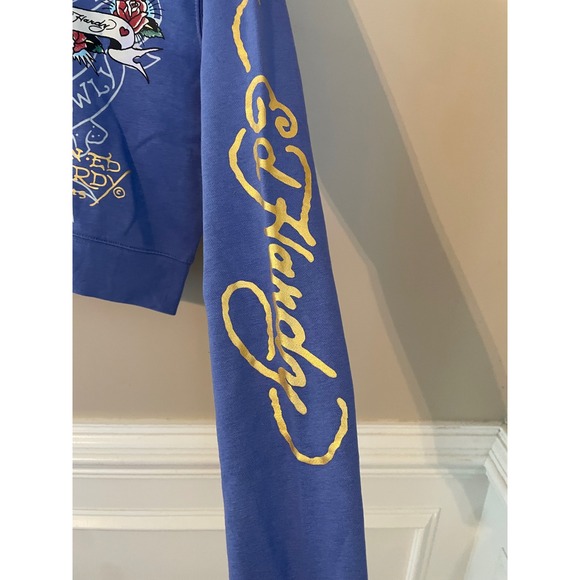 Ed Hardy Size L Free Bird Blue Cropped Graphic Hoodie Love Kills Slowly Y2k - Picture 4 of 7